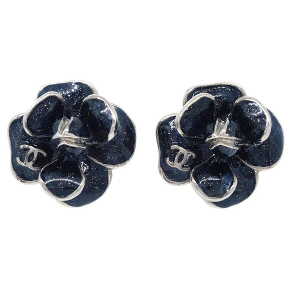 Chanel Camellia Earrings Clip-On Silver Black - Picture 1 of 5